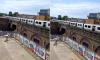 Moment Just Eat rider throws food delivery onto train on track above after it was stranded in sweltering heat