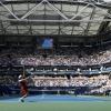 Jannik Sinner serves on his way to a lopsided US Open first round win over Czech Vit Kopriva
