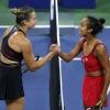 Belarus's Aryna Sabalenka shakes hands with Leylah Fernandez after avenging her loss to the Canadian at the 2021 US Open