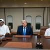 US President Donald Trump meets Qatar's Emir Sheikh Tamim bin Hamad Al-Thani (L) and Prime Minister Sheikh Mohammed bin Abdulrahman bin Jassim Al-Thani (R) aboard Air Force One