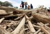 Indonesians navigate over logs to access flood relief center