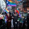 Human Rights activist Jay Walker speaks during a protest in front of the Stonewall Monument in Manhattan in New York