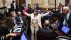 Handout picture released by the Senate press office shows Argentine Senator Patricia Bullrich, leader of the ruling party caucus, celebrating after the senate approved the labor law reform promoted by Argentina's President Javier Milei at the National…