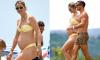 Pregnant Vogue Williams, 40, displays her baby bump in a yellow bikini as she hits the beach in Spain with husband Spencer Matthews ahead of welcoming their fourth child