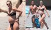 Pregnant Vogue Williams, 40, shows off her baby bump in a leopard print bikini as she hits the beach in Spain with shirtless Spencer Matthews ahead of welcoming fourth child
