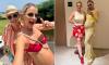 Pregnant Vogue Williams showcases her bump in red bikini as she enjoys girls trip in Ibiza with her best friend Amber after Spanish family holiday