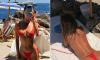 Dina Broadhurst wears a very revealing red G-string bikini during a beach outing in Capri with her son and his girlfriend
