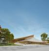 kengo kuma crowns cultural center in switzerland with wing-like timber roofs