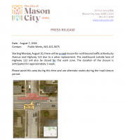 Kentucky Avenue and Highway 122 Road Closure Begins Monday