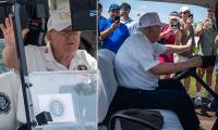 Trump is given a hero's welcome at LIV Golf as he drives golf cart through the crowds to watch Bryson DeChambeau and Co play at his New Jersey course