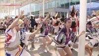 Awa Odori dancers welcome visitors at Tokushima airport, western Japan