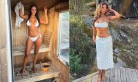 Maya Jama relaxes in a sauna in a skimpy white bikini as she shares wholesome snaps from 'the best time' with her family in Sweden