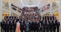 Kim Jong Un Has Photos Taken with Creative Workers and Artistes of National Symphony Orchestra Greeting Its 80th Founding Anniversary