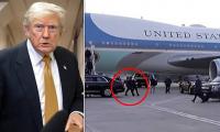 Trump's shocking two-word response after being snuck back ON the AF1 plane full of unknowing press after Iran threat