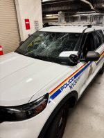 Police vehicle damaged during incident at Lonsdale Quay in North Vancouver