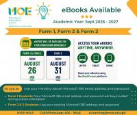 Academic year orientation dates and eBooks for Forms 1, 2 and 3
