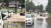 Video shows West Virginia drivers pushing through floodwater, and one SUV gets stuck
