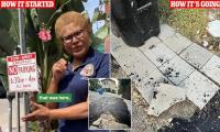 Los Angeles man is stunned by comically botched pothole job as Mayor Karen Bass is mocked for cringe street repair fails