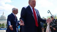 Donald Trump points to his bruised hand as health concerns resurface at Freedom 250 Grand Prix