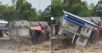 Two-storey residential building in Pampanga, Philippines crumbles as floodwaters sweep it away