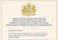 King Charles sends Trinidad and Tobago Independence Day greetings