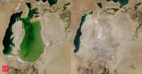 NASA satellites compared the Aral Sea between 2000 and 2014; river diversion left its eastern basin as exposed desert