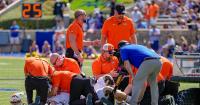 Oklahoma State offensive lineman Jacob Sexton (79) lays on the ground hurt during the first half of a college football game between Oklahoma State (OSU) and Tulsa at H. A. Chapman Stadium in Tulsa, Okla., on Saturday, Sept. 5, 2026.