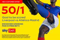 Liverpool vs Atletico Madrid: Get 50/1 odds for a goal to be scored with Sky Bet