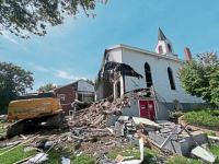 Steeple, bell tower come down at fire-ravaged Indiana Township church