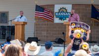 Clamorous crowd dominates first Kansas U.S. Senate debate between Marshall, Hamilton