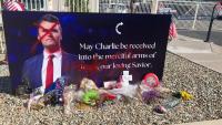 Charlie Kirk statue at Turning Point's Arizona headquarters defaced