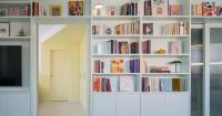 a sequence of colored rooms and a continuous bookcase reshape a madrid apartment