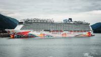 Norwegian Joy Docks Late in Sitka With Dead Whale on Its Bow