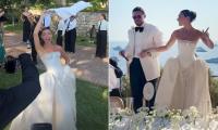 Love Island's Francesca Allen stuns in a strapless wedding dress with a dramatic train as she marries Ed Crossan in a lavish Monaco ceremony