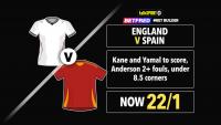 England vs Spain 22/1 Bet Builder tips + sub switch with Betfred