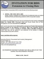 Guyana Water Inc. – Invitation for Bids (Extension to closing date) – Design, Supply and Testing of Air Conditioning Units and related Electrical Works and Networking Cables