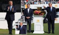 Trump's weekend of sport continues as he fist pumps to chants of 'USA' at Presidents Cup in Chicago... before making joke about cutting his '15-minute speech' short