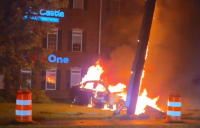 VIDEO: No Injuries Reported After Vehicle Strikes Utility Pole and Burst Into Flames in California