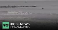 High tide pushes far onto the beach in Atlantic City, New Jersey