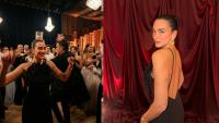 Dua Lipa balances glass on her head during traditional dance at wedding