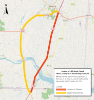 I-85 north traffic will be detoured to Route 1 in North Carolina at Exit 233 for guardrail repairs