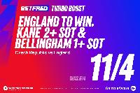 Czech Rep vs England turbo boost: NOW 11/4 England to win, Kane 2 SOTs & Bellingham 1 SOT with Betfred