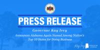 Governor Ivey Announces Alabama Again Named Among Nation’s Top 10 States for Doing Business