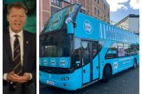 Reform UK demands British made buses -as Swedish Volvo bus parked at rally