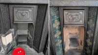 UK homeowner strips 'landlord special' paint off 1910s fireplace, revealing teal tiles