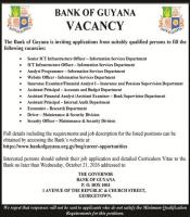 Bank of Guyana – Vacancy – Senior ICT Infrastructure Officer, ICT Infrastructure Officer, Analyst Programmer, Website Officer, Insurance Examiner/Financial Analyst I, Assistant Principal, Economist, Driver, Security Officer