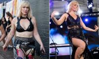 Natasha Bedingfield embraces her inner rocker chick in racy black leather bralette and choker as she performs at Austin City Limits Festival in Texas