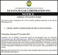 Guyana Sugar Corporation Inc. – Formal Invitation to Bid – Supply and Delivery of Two (2) Sluice Winch