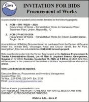 Guyana Water Inc. – Invitation to Tender – Rehabilitation Works for Mackenzie Water Treatment Plant, Timehri Booster Station