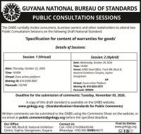 Guyana National Bureau of Standards – Notice – Public Consultation Session on Specification for Content of Warranties for Goods